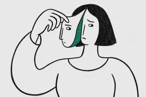 waist-up view of a woman with a sleek bob peeling a second identical face off her own like a sticker; uneasy