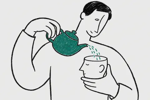 waist-up view of a man with a neat side parting calmly pouring words out of a teapot into an empty glass head; serene