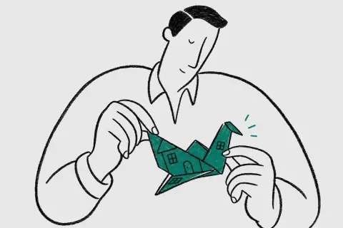 waist-up view of a man with a slicked-back side parting calmly folding a giant paper map of a house into a tiny origami bird; serene