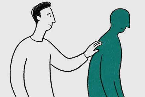 waist-up view of a man with a slicked-back hairstyle gently tapping the shoulder of his own shadow that walks away from him; hopeful