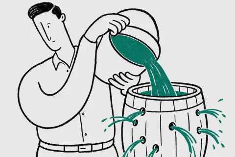 waist-up view of a man with a slicked-back side parting pouring a huge bucket of water into a wooden barrel full of holes; calm and oblivious