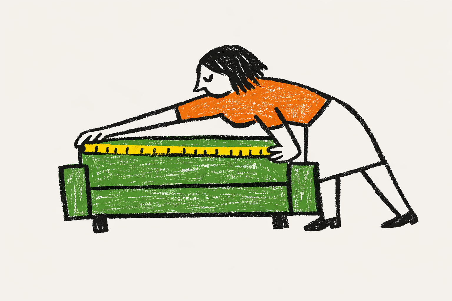 woman measuring wooden sofa