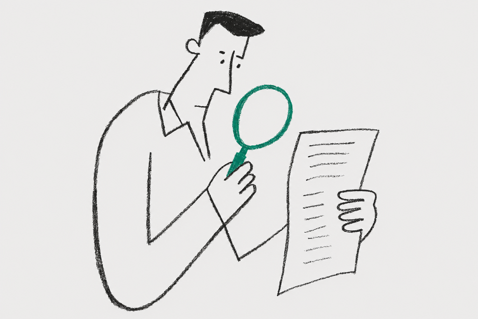 man reading paper documents with magnifying glass