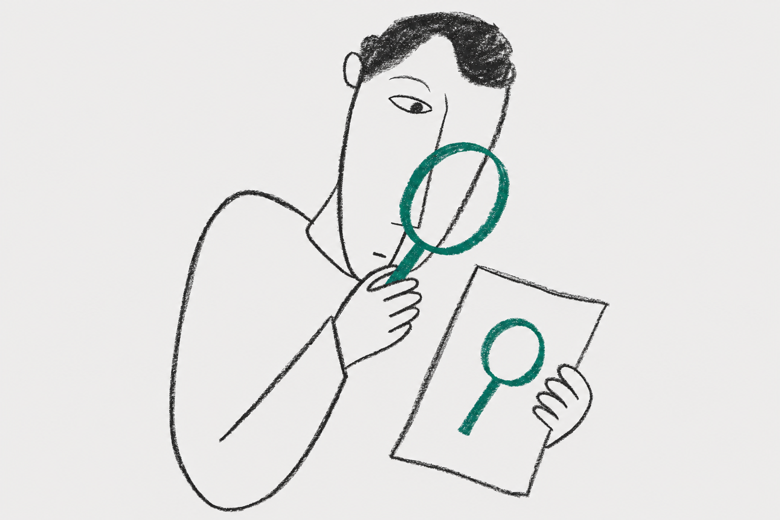man reading magnifying glass paper