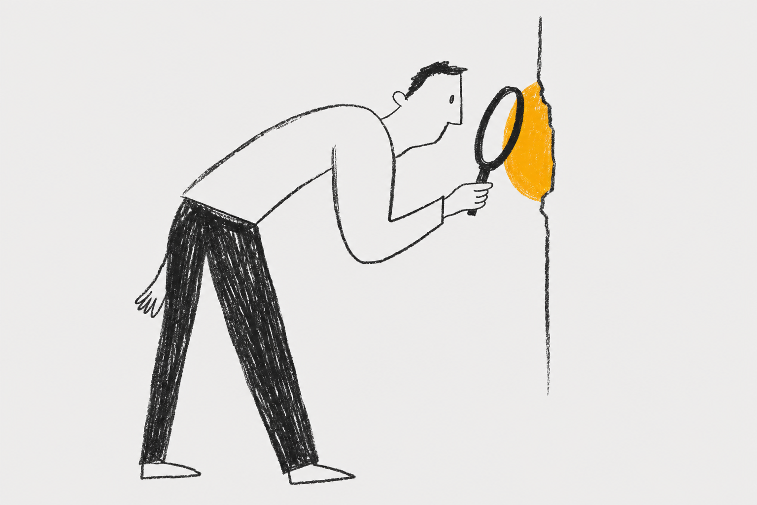 man using magnifying glass on wall