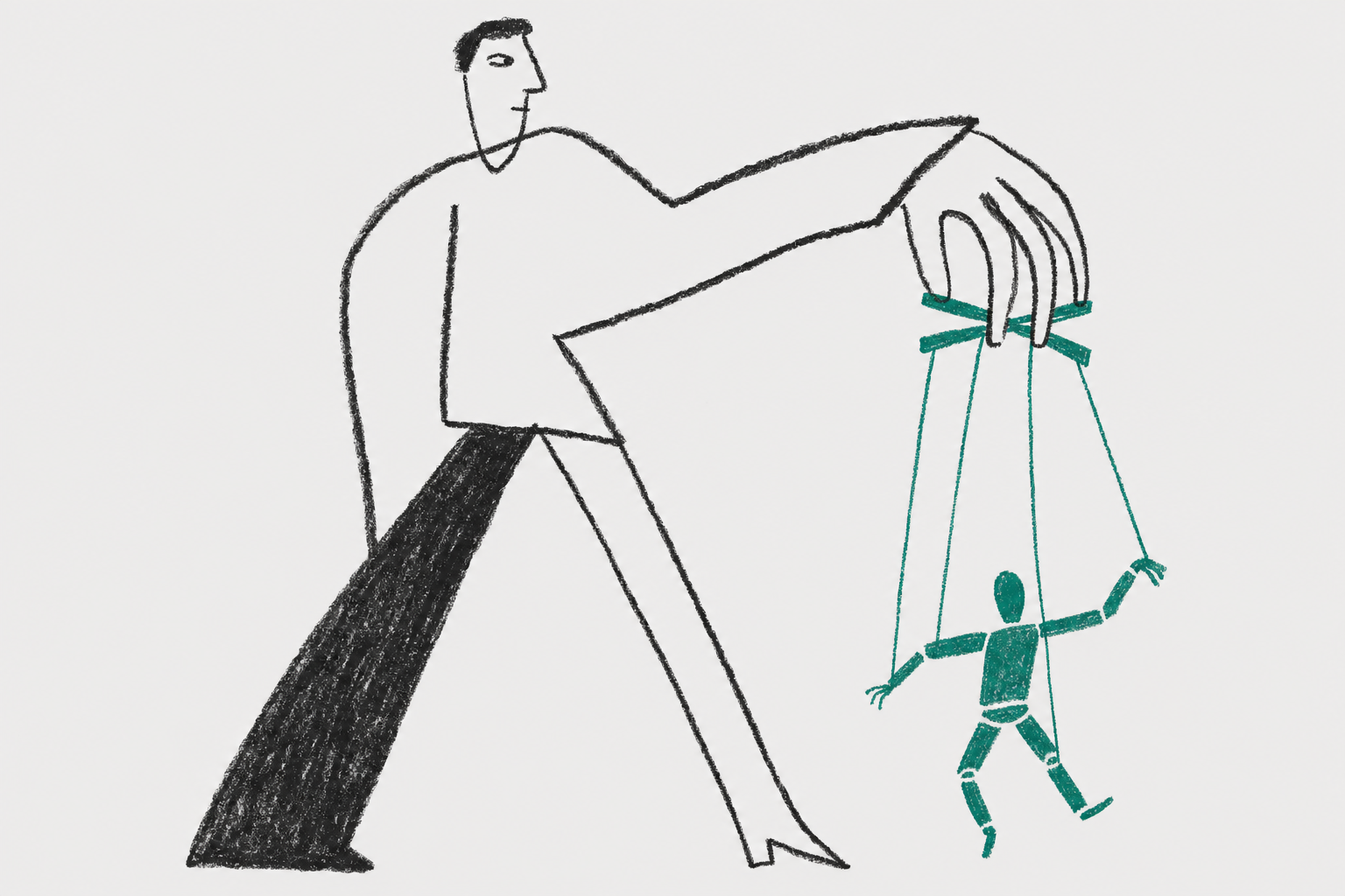 man pulling strings on puppet