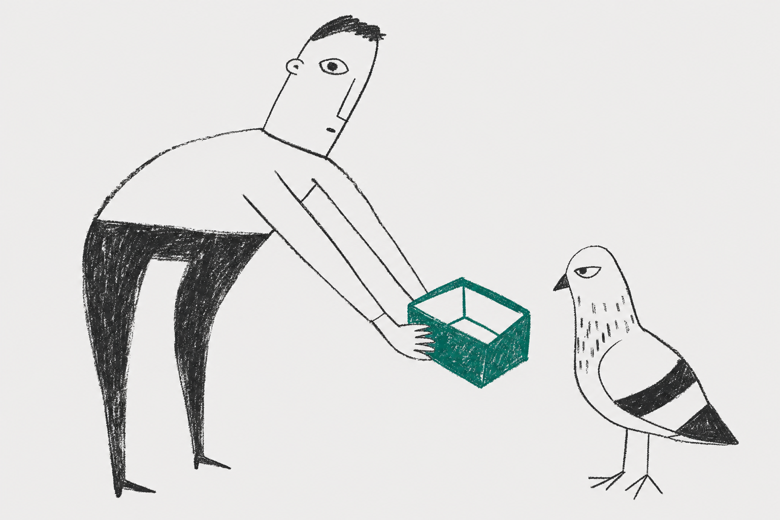 man handing empty gift box to a suspicious pigeon