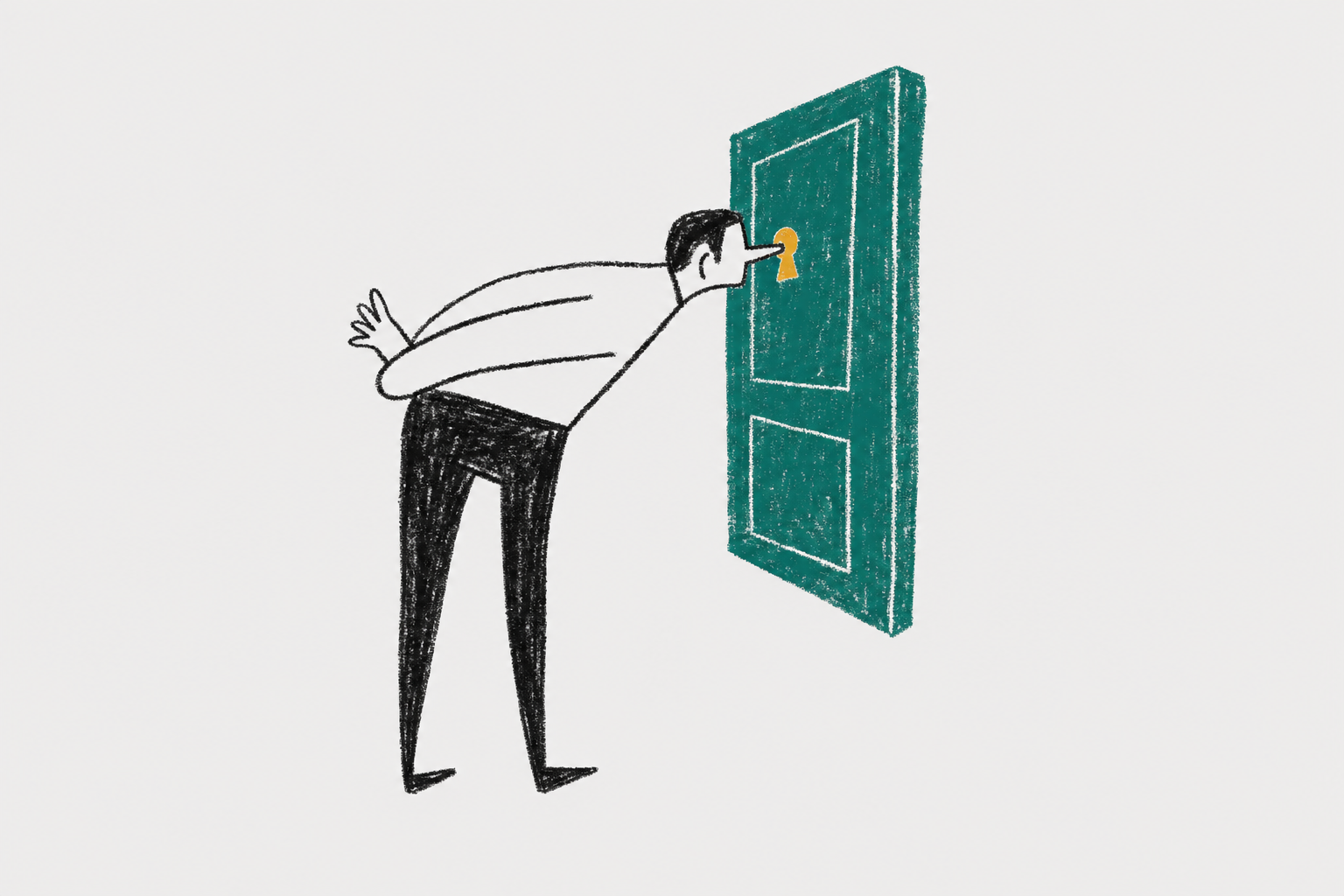 man peeking through a keyhole in a floating door