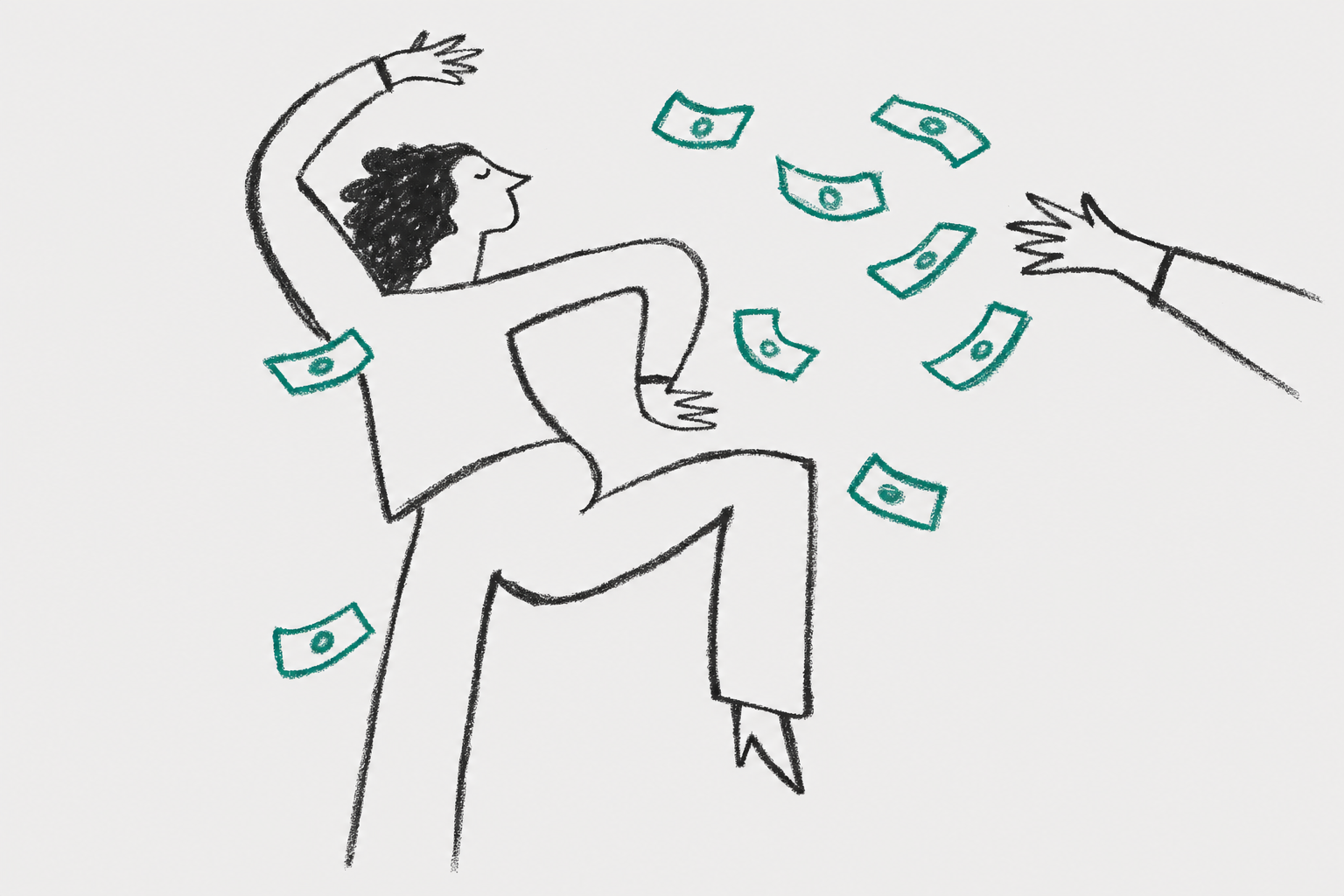 Ilustracja: osoba wśród fruwających banknotów – automatyzacja marketingu i ROI