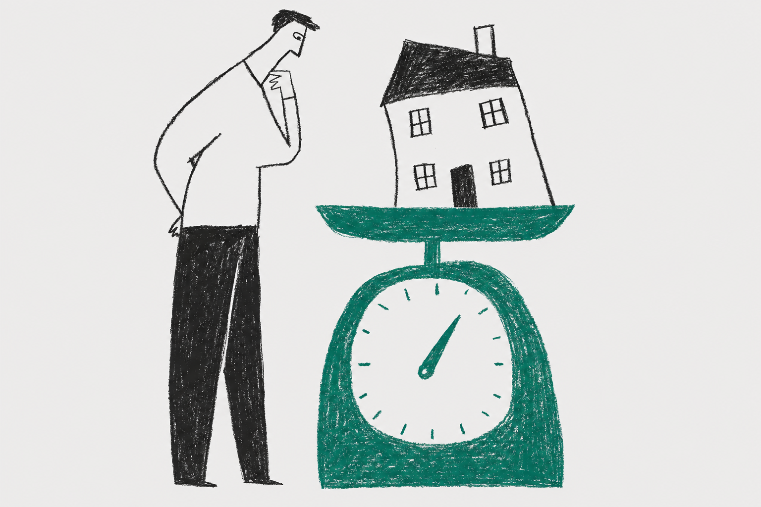 a man weighing a house on a giant kitchen scale