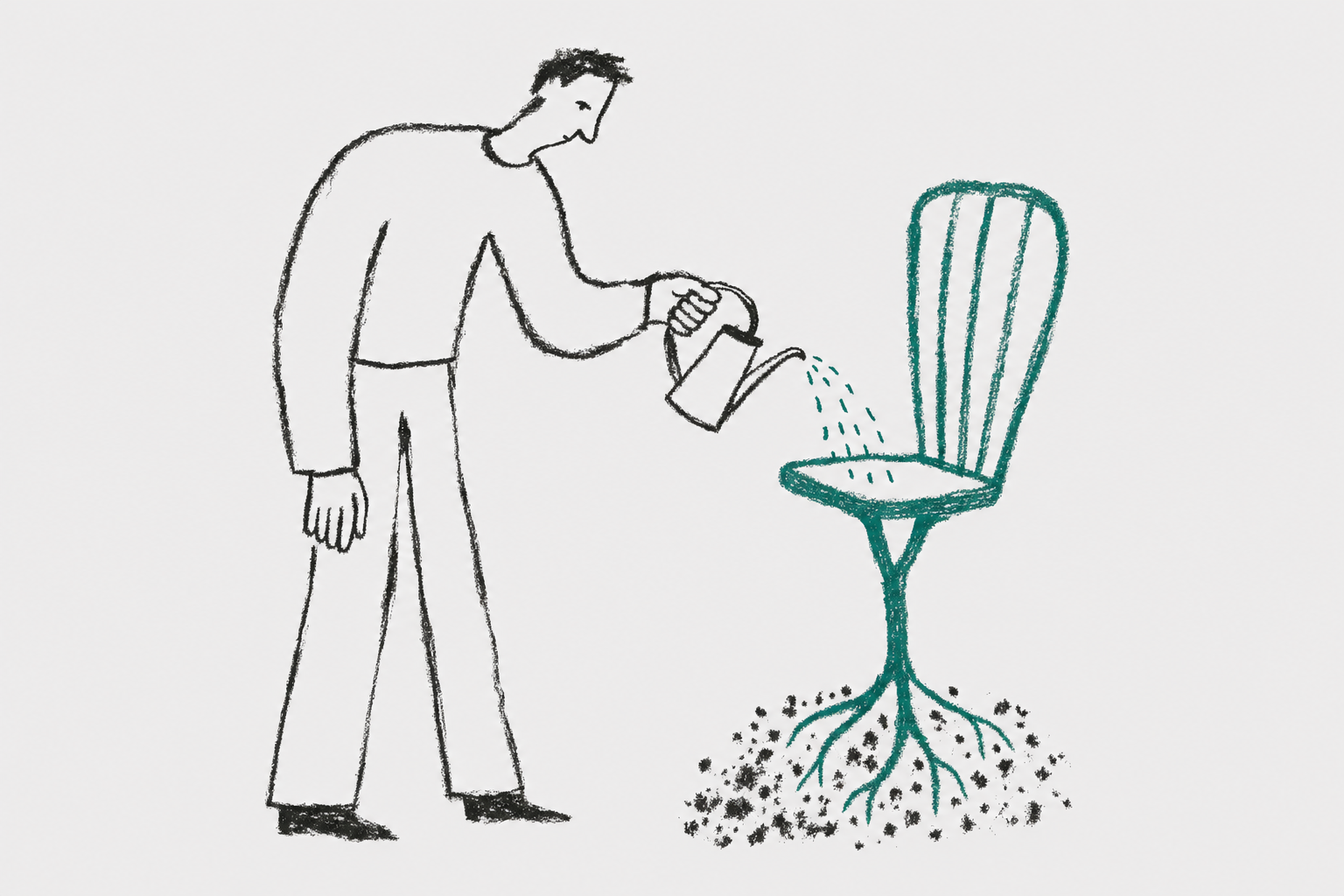 man watering a chair growing out of soil