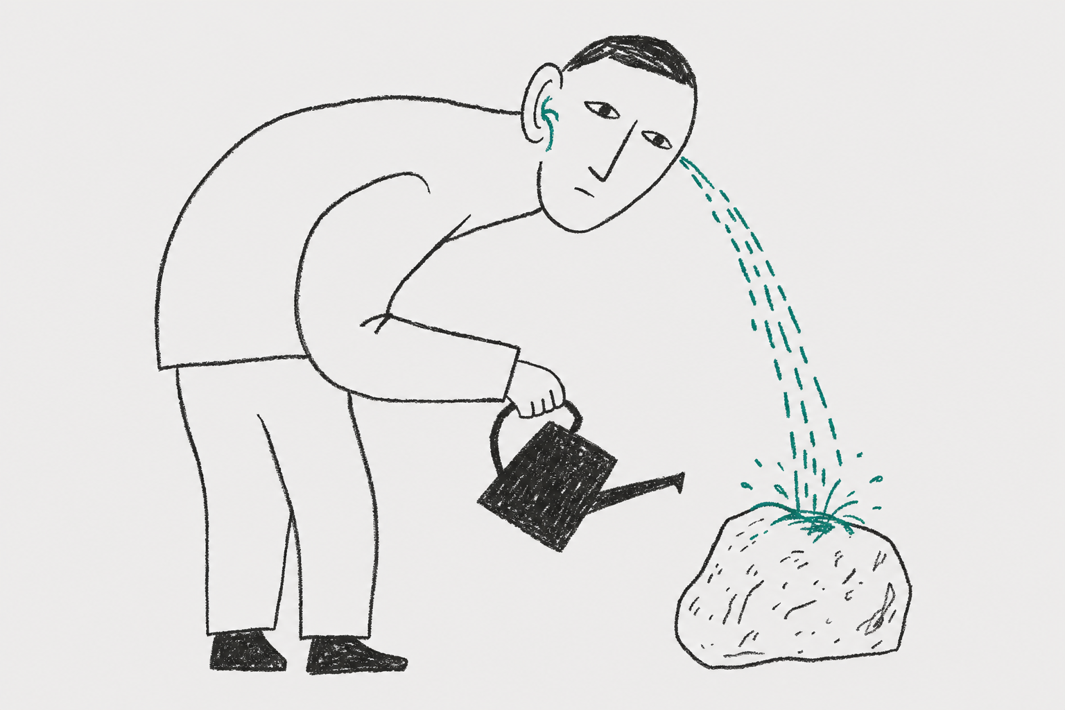 man watering a stone with a tiny fountain from his ear