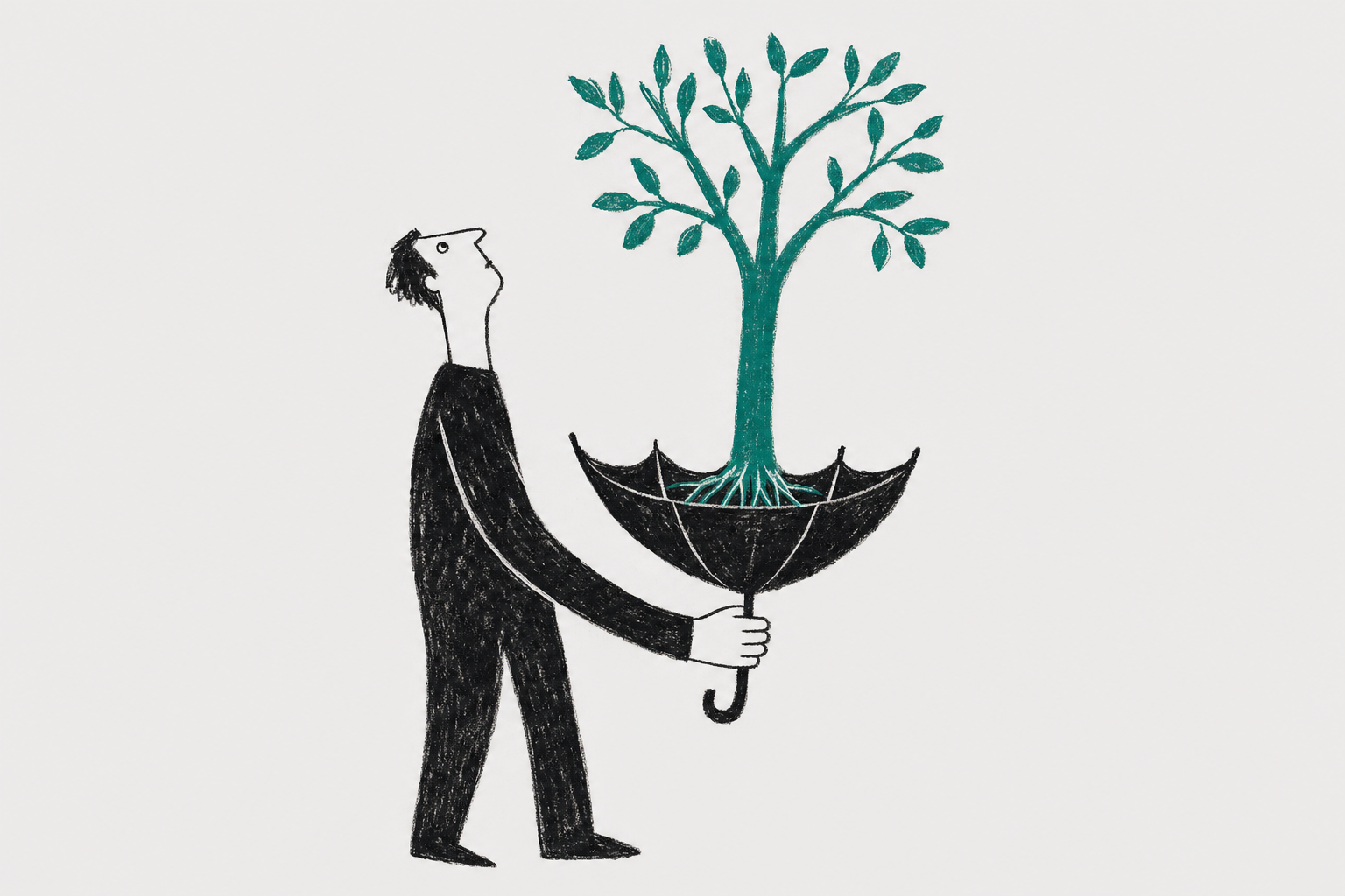 man growing a tree out of his open umbrella